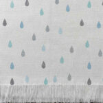 Alfombra tejida de raindrops, gotas, en tonos azules y grises.