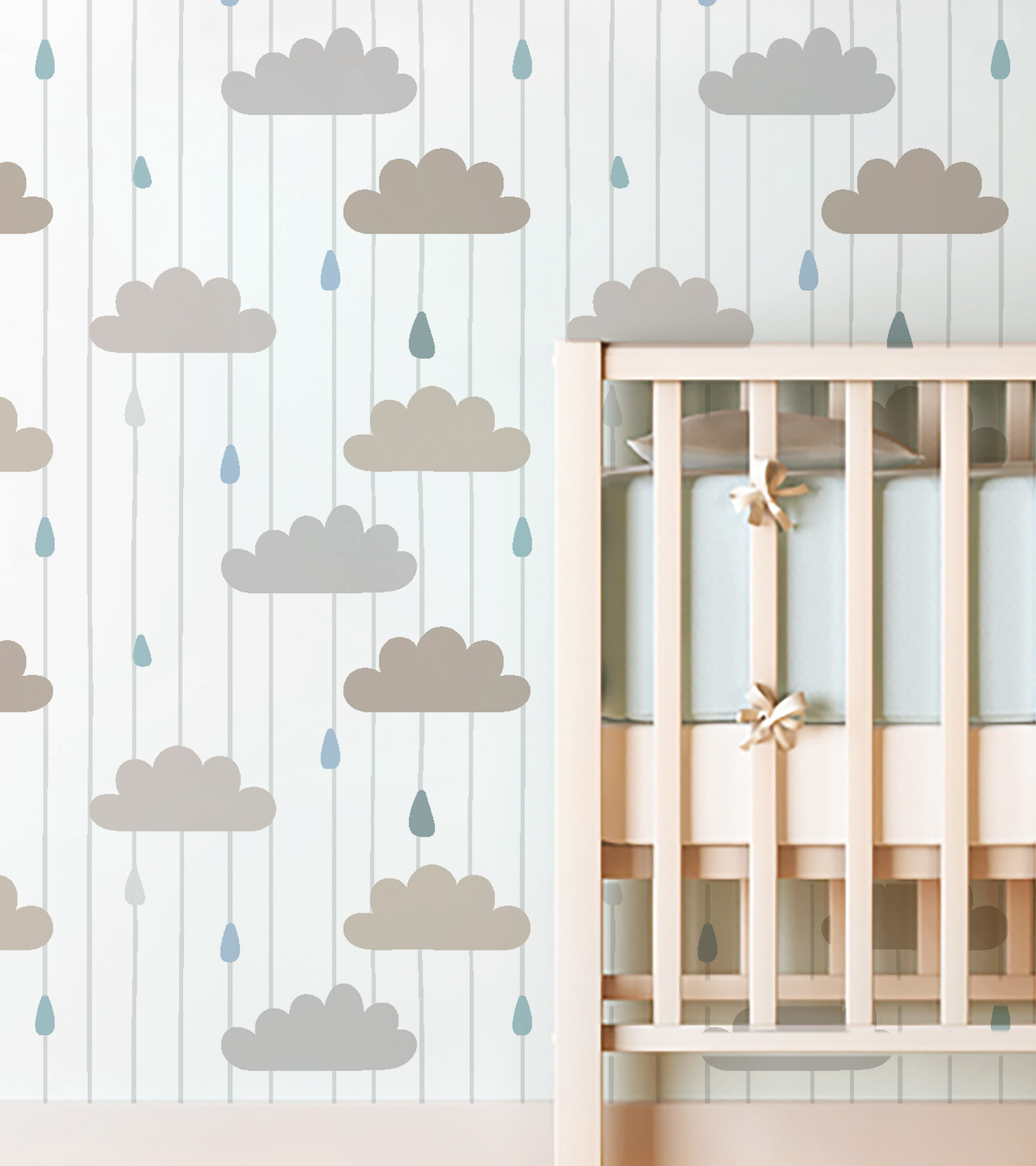Empapelado colocado vectorial diseño infantil de nubes, lluvia, rayas