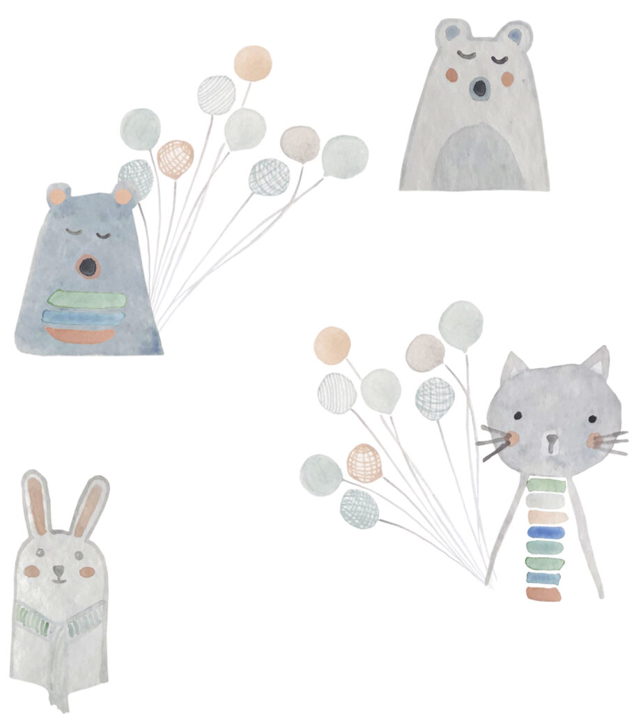 diseño infantil acuarela gato y globos