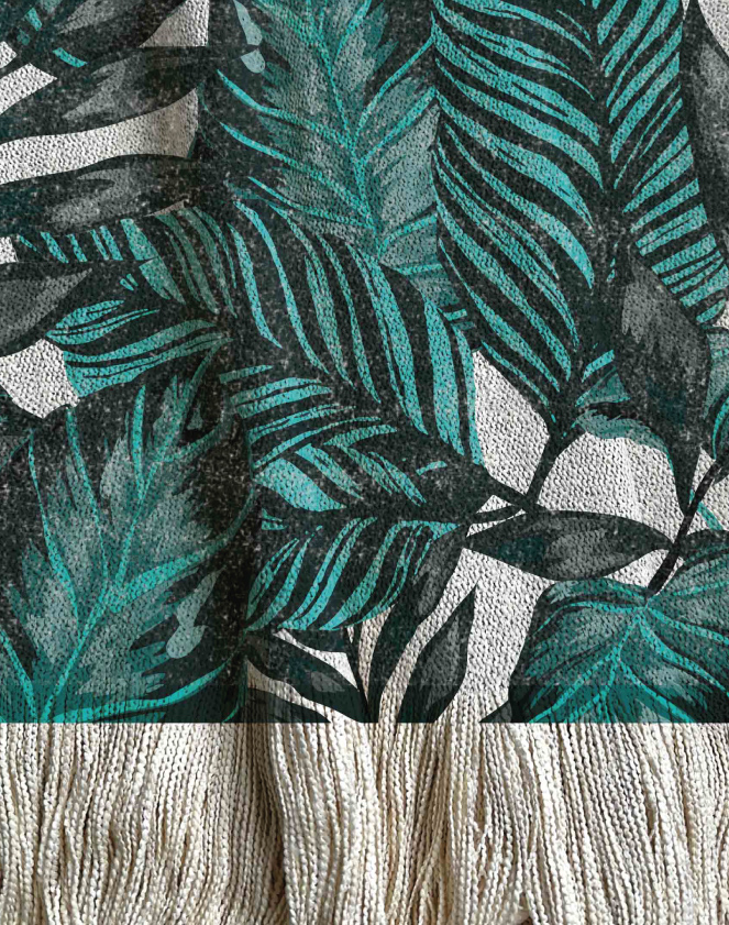 Manta tejida diseño botánico de distintos tipos de hojas tipo palmera en color y aqua.