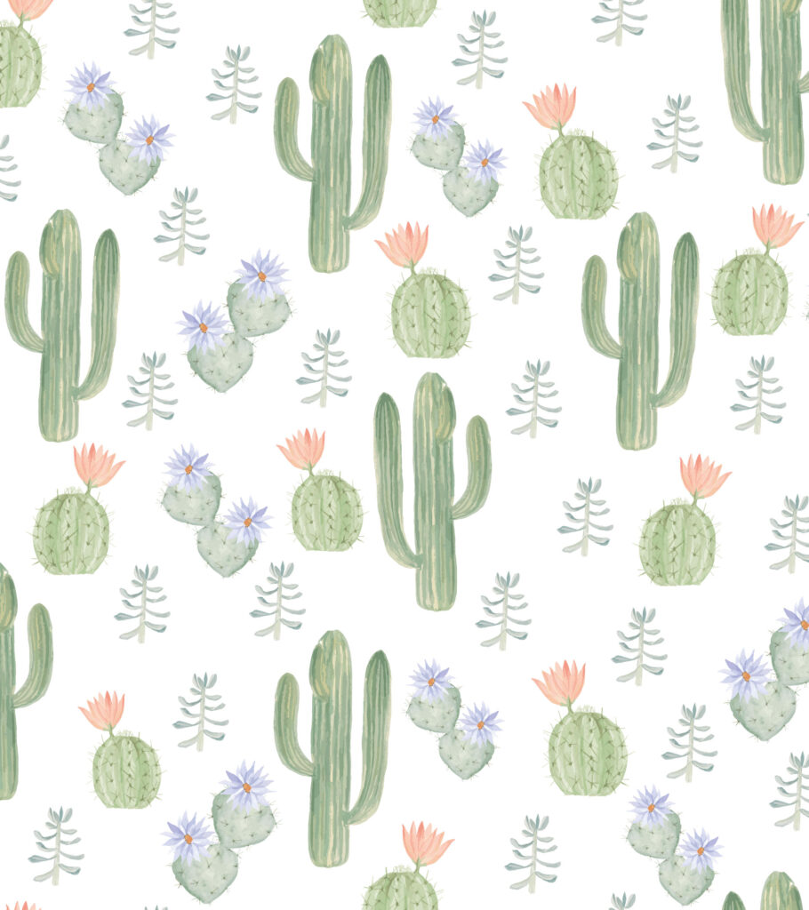 Diseño en acuarela. Variedad de cactus con flores en colores pasteles.