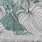 Alfombra tejida diseño botánico, hojas tipo monstera pintadas en acuarela y vectoriales blanco y negro.
