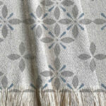 Manta tejida diseño geométrico, tipo mandala con hojas. Color gris y azul.