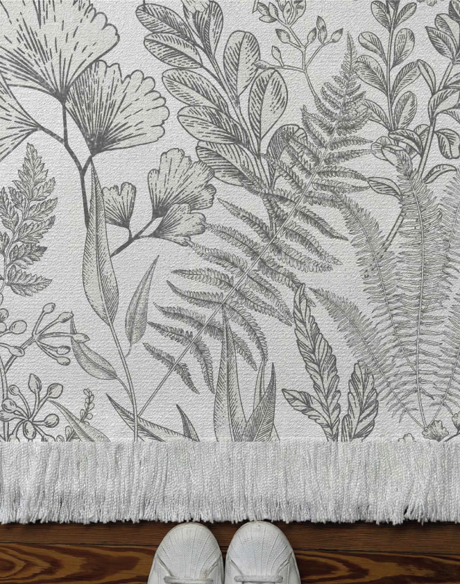 Alfombra tejida diseño botánico, flores y hojas vectoriales en tonos visón.