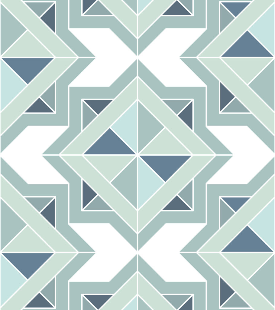 Diseño geometrico en tonos verdes, aquas y azules