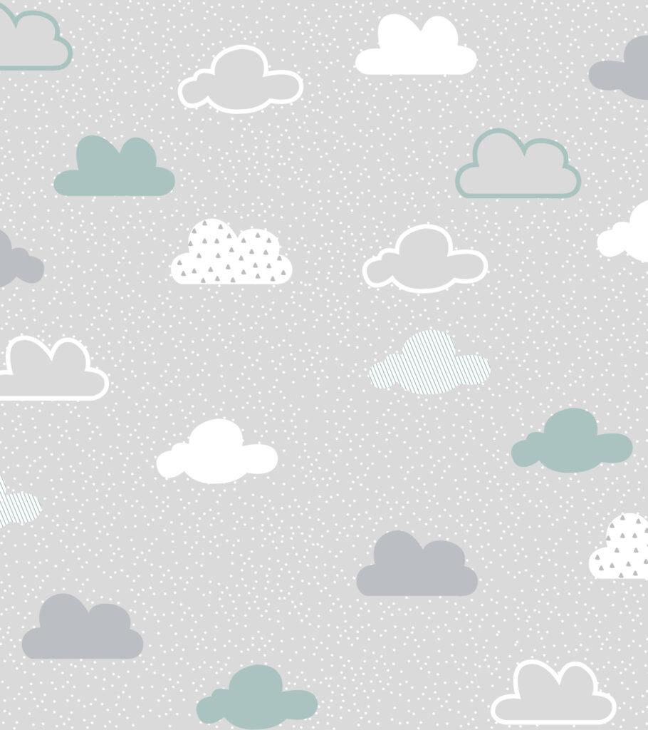 Diseño infantil en vectores. Nubes y puntos tipo gotas. Colores aqua, gris y blanco.