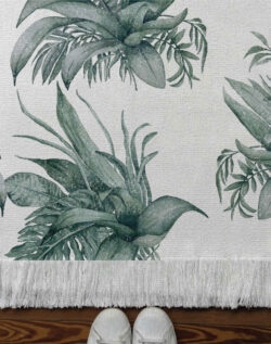 Alfombra tejida diseño botánico, hojas tipo ramo pintadas en acuarela.