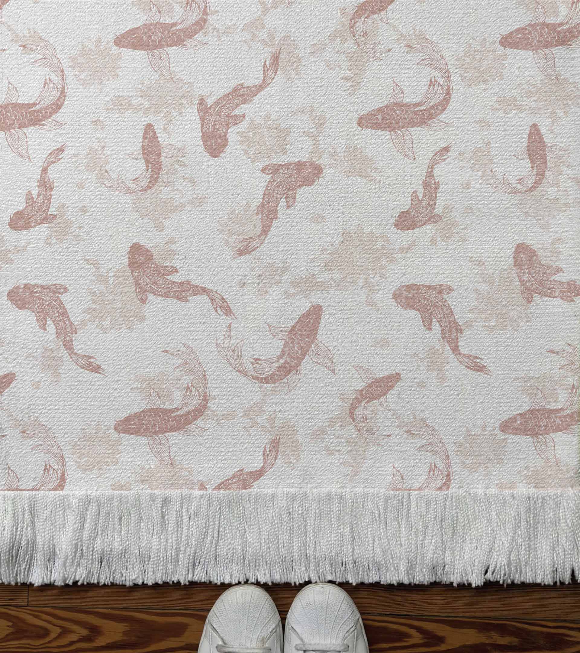 Alfombra tejida diseño con animales, peces, carpas, de color rosa