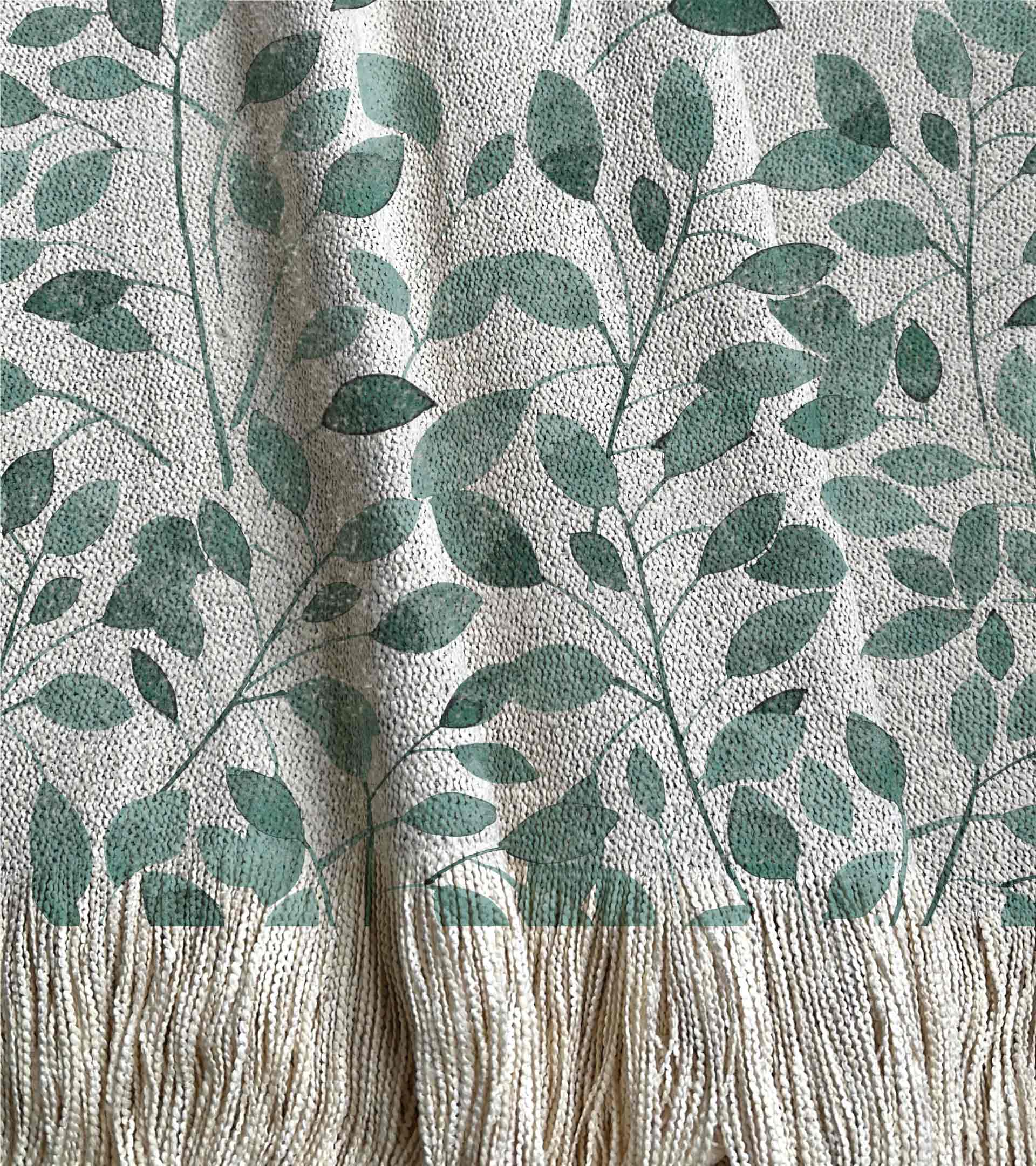 Manta tejida, diseño botanico con hojas pequeñas de color verde. naturaleza, ramas, acuarela