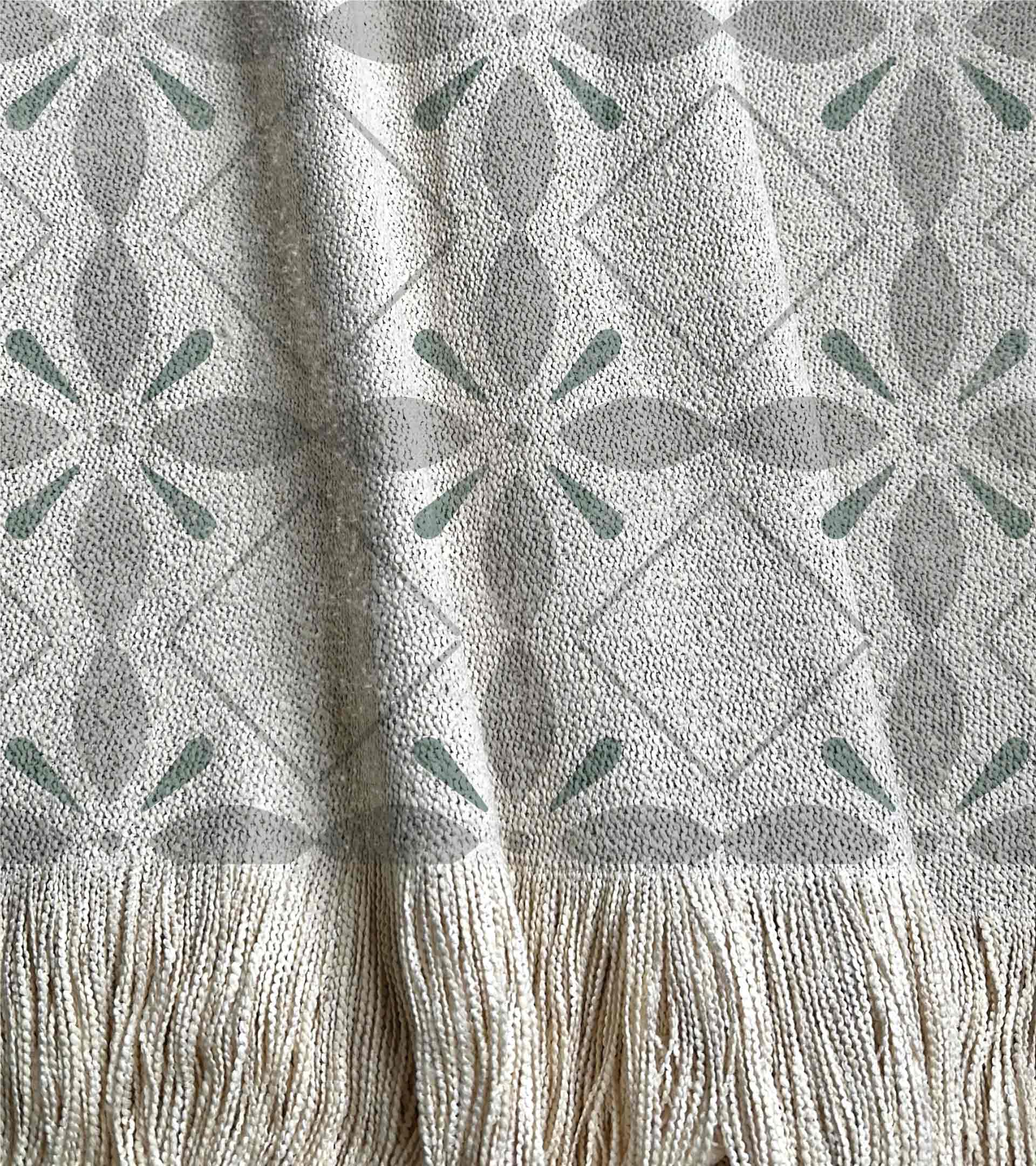 Manta tejida con un diseño geometrico con rombos y colores verdes y grises
