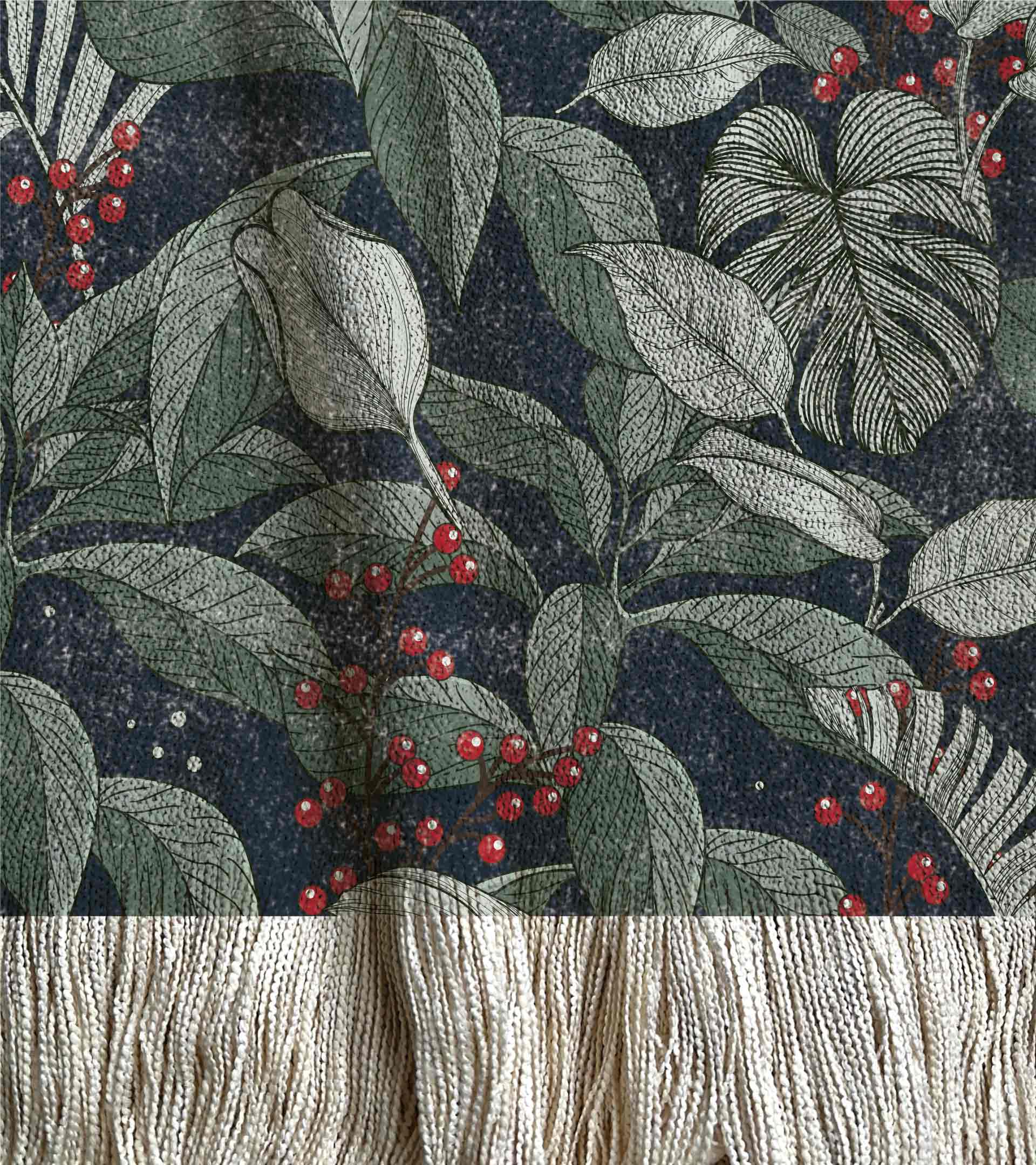 Manta tejida con hojas grandes de color verde, frutos redondos rojos y fondo azul oscuro. Naturaleza, diseño botanico, floral