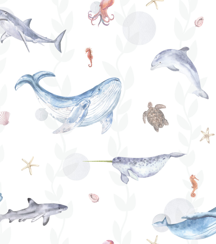animales marinos, océano, ballena, delfin, acuarelas