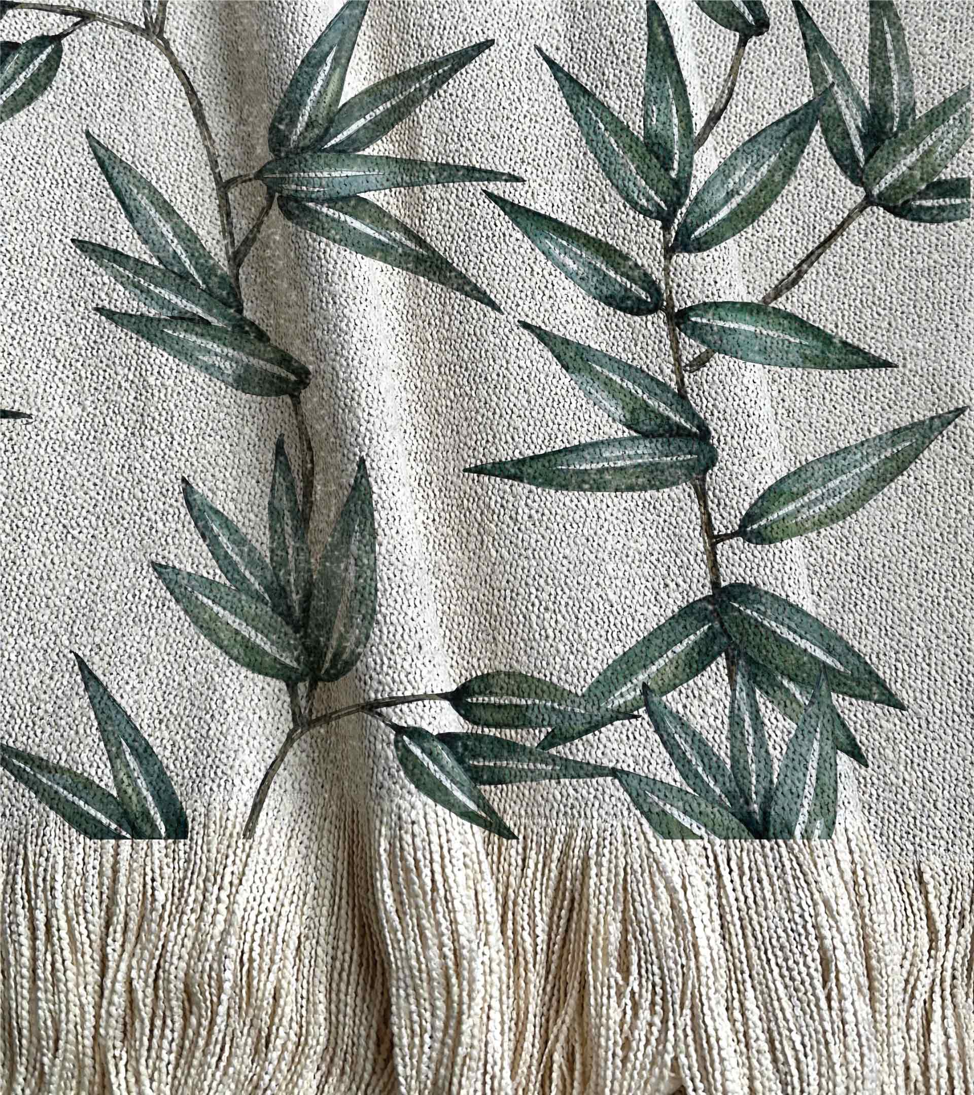 Manta tejida, hojas chinas, caña de bambú diseño botanico con hojas verdes
