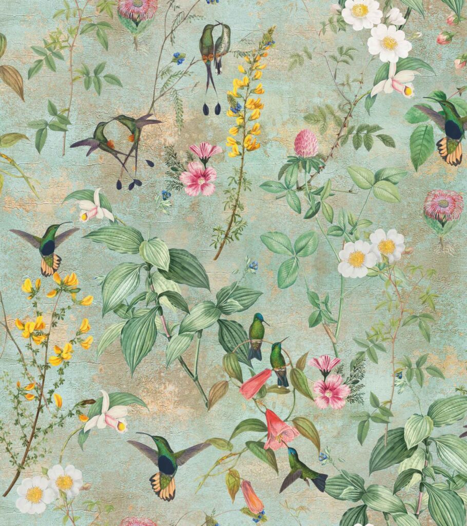 Diseño de colibríes con variedad de flores y hojas. Fondo texturado verde y dorado.
