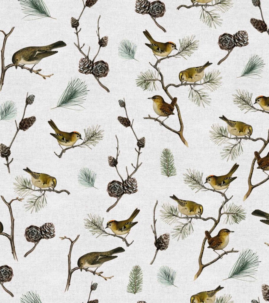Diseño con distintas aves, hojas y ramas de pino. Fondo con textura simil lino crudo.