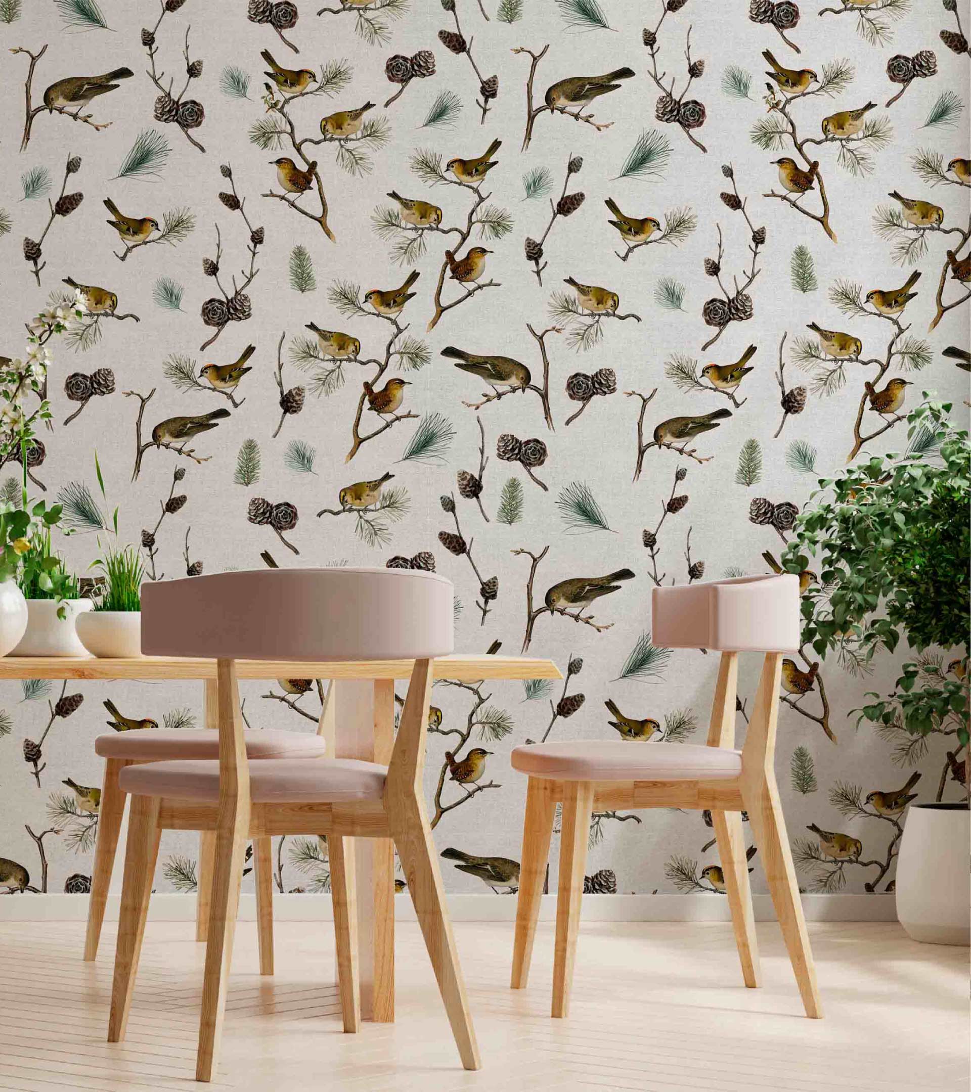 Empapelado colocado de diseño con distintas aves, hojas y ramas de pino. Fondo con textura simil lino crudo.
