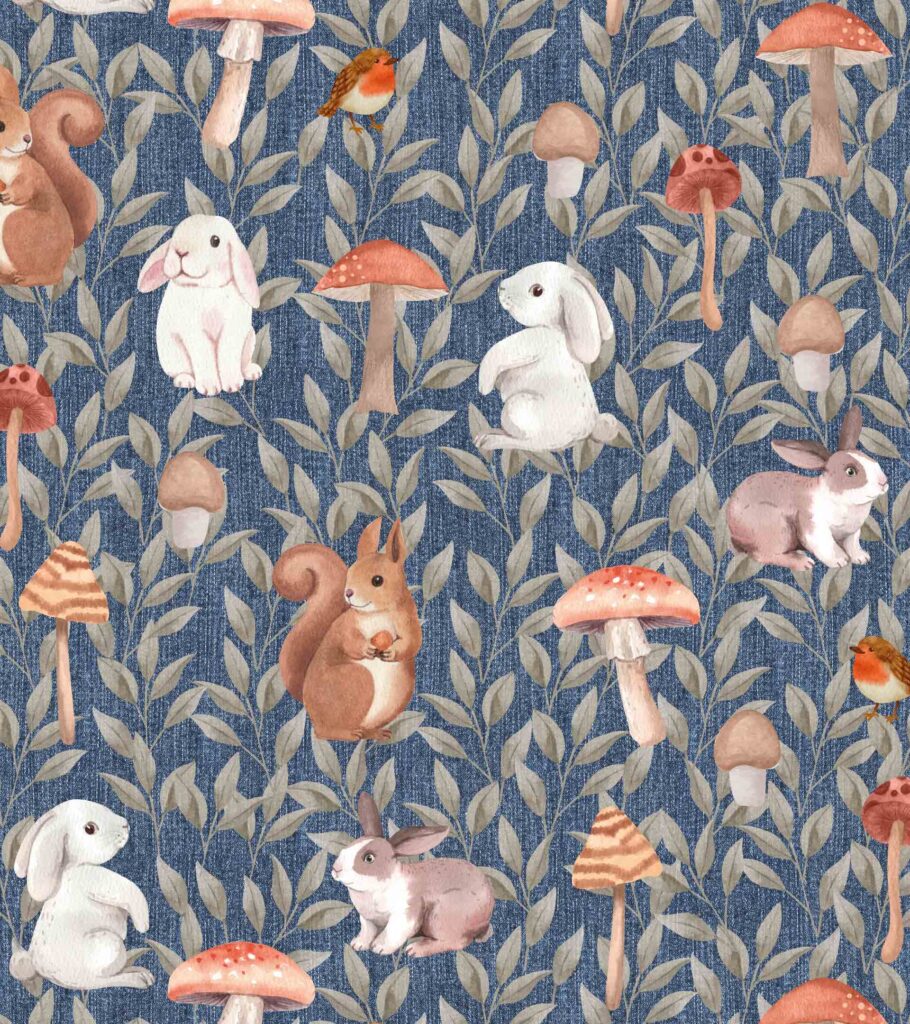Diseño infantil de conejos y ardillas, hongos y enredadera de hojas con fondo jean azul.