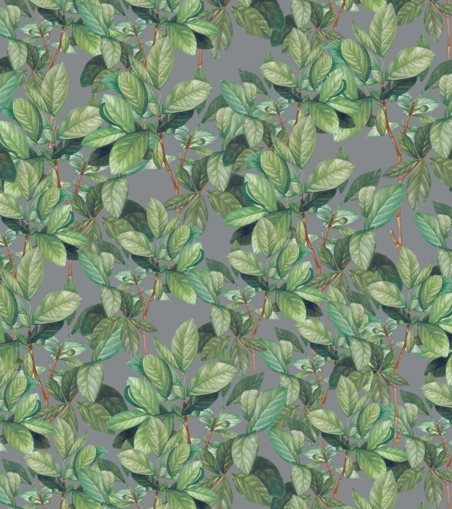 Diseño con hojas verdes tipo enredadera tupida, con fondo gris.