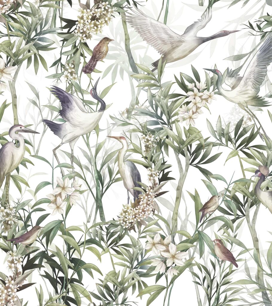 Diseño con garzas y distintas aves. flores tipo japonesas y ramas. Tonalidades verdes y grises.