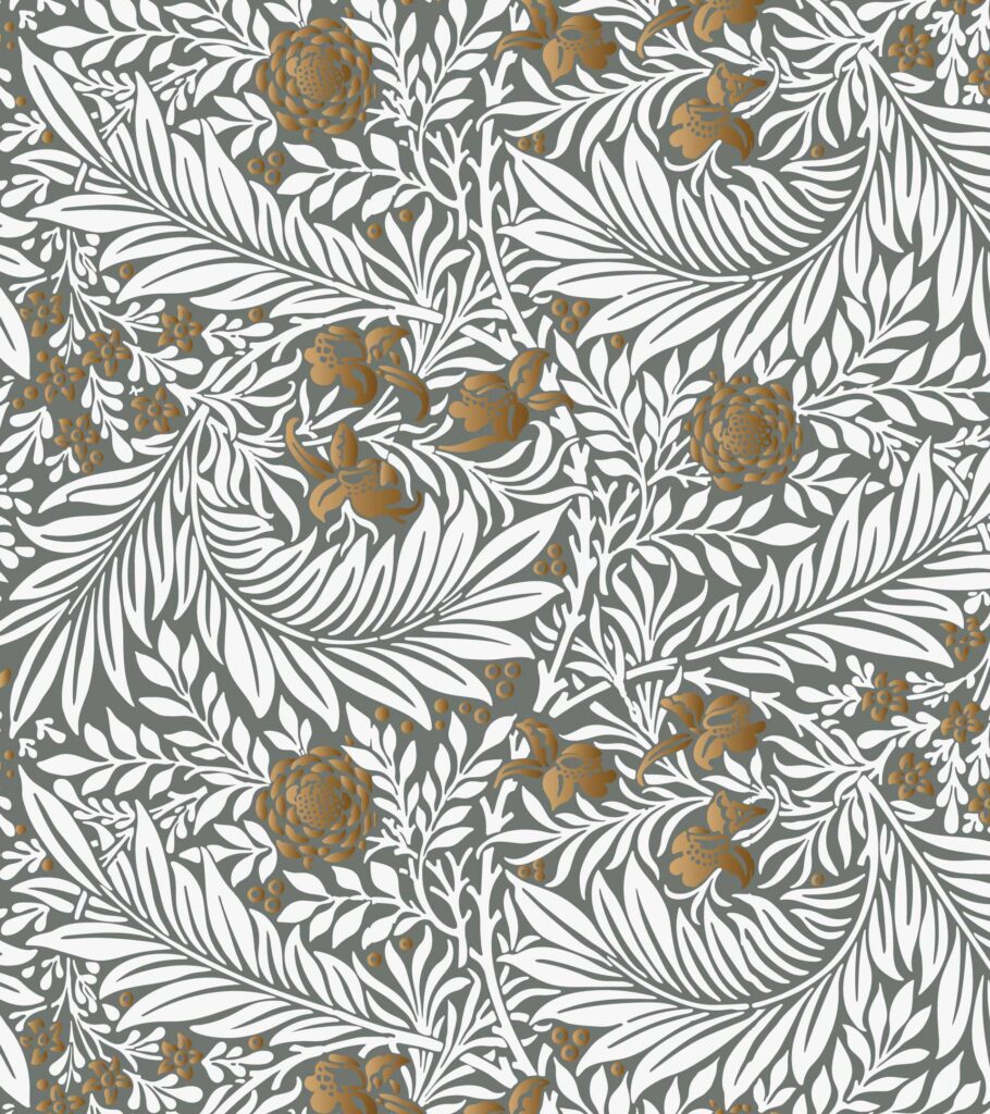 Diseño de flores y hojas en tono blanco y dorado. Fondo gris