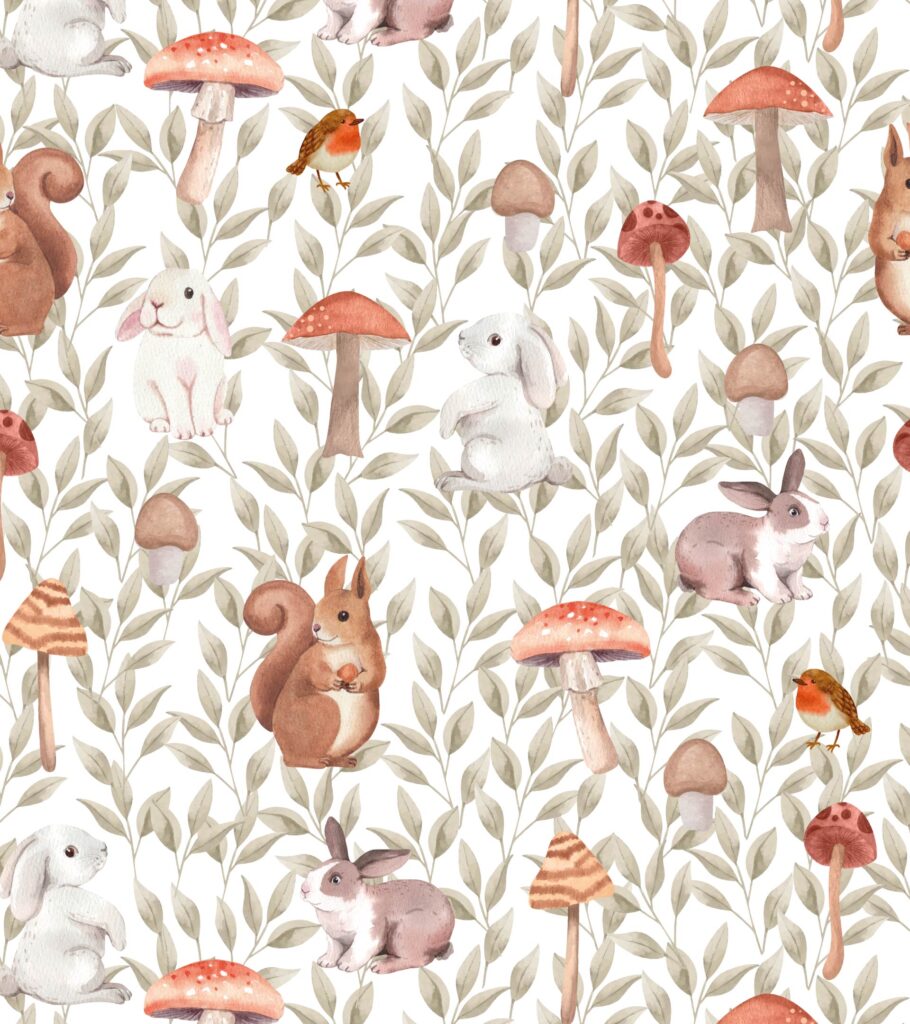 Diseño infantil de conejos y ardillas, hongos y enredadera de hojas.