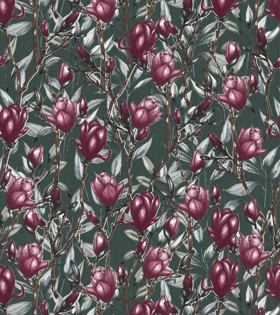 Diseño acuarela de magnolias bordo con hojas verdes y tallo. Fondo verde texturado.