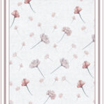 Alfombra vinilica botanico flores rosas con fondo lino gris.