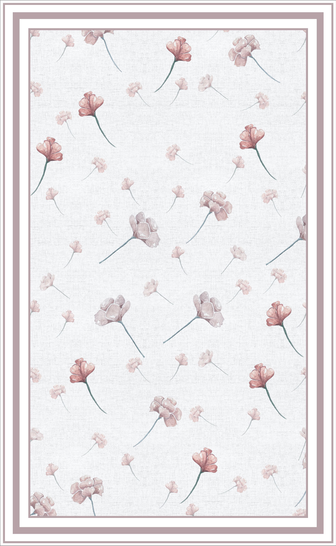 Alfombra vinilica botanico flores rosas con fondo lino gris.