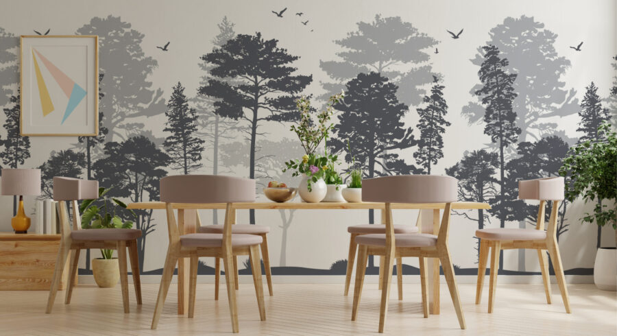 Mural colocado botanico, diseño de arboles y pájaros, tonos neutros