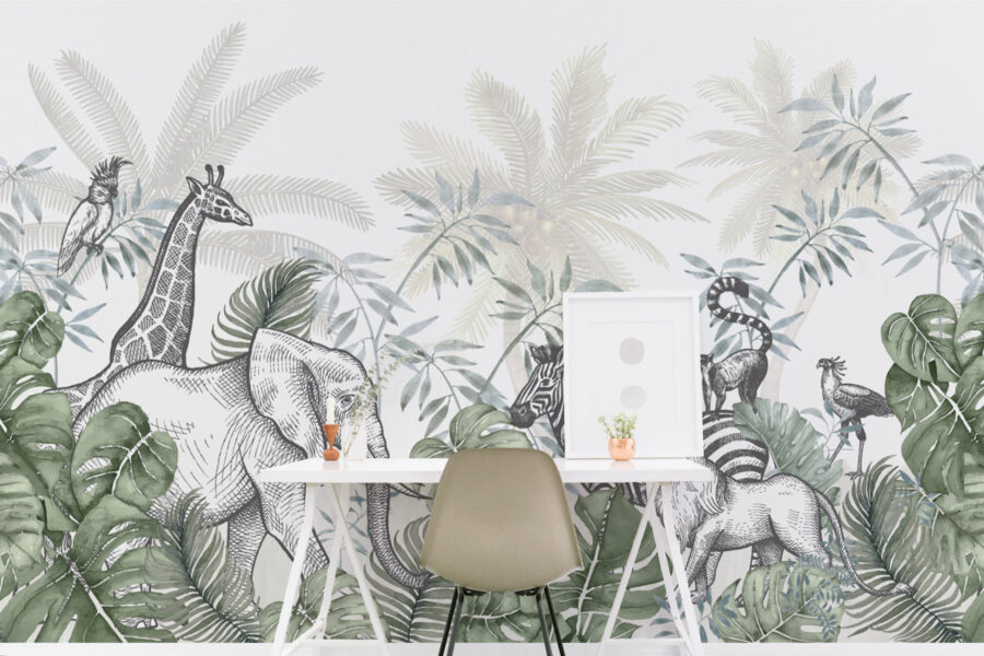 Mural colocado diseño botanico de selva, con hojas, animales en acuarela y vectorial. palmeras, elefante, cebra, león, mono, jirafa